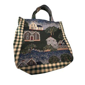 Handmade At Home Tapestry Tote Bag With Green Plaid &‎ Scenic House Design